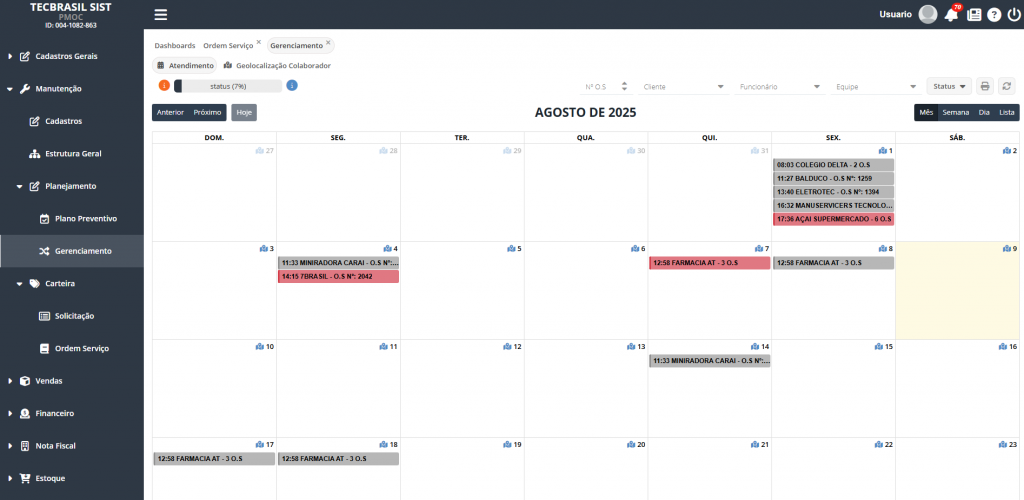Calendário de manutenções preventivas no SisUM